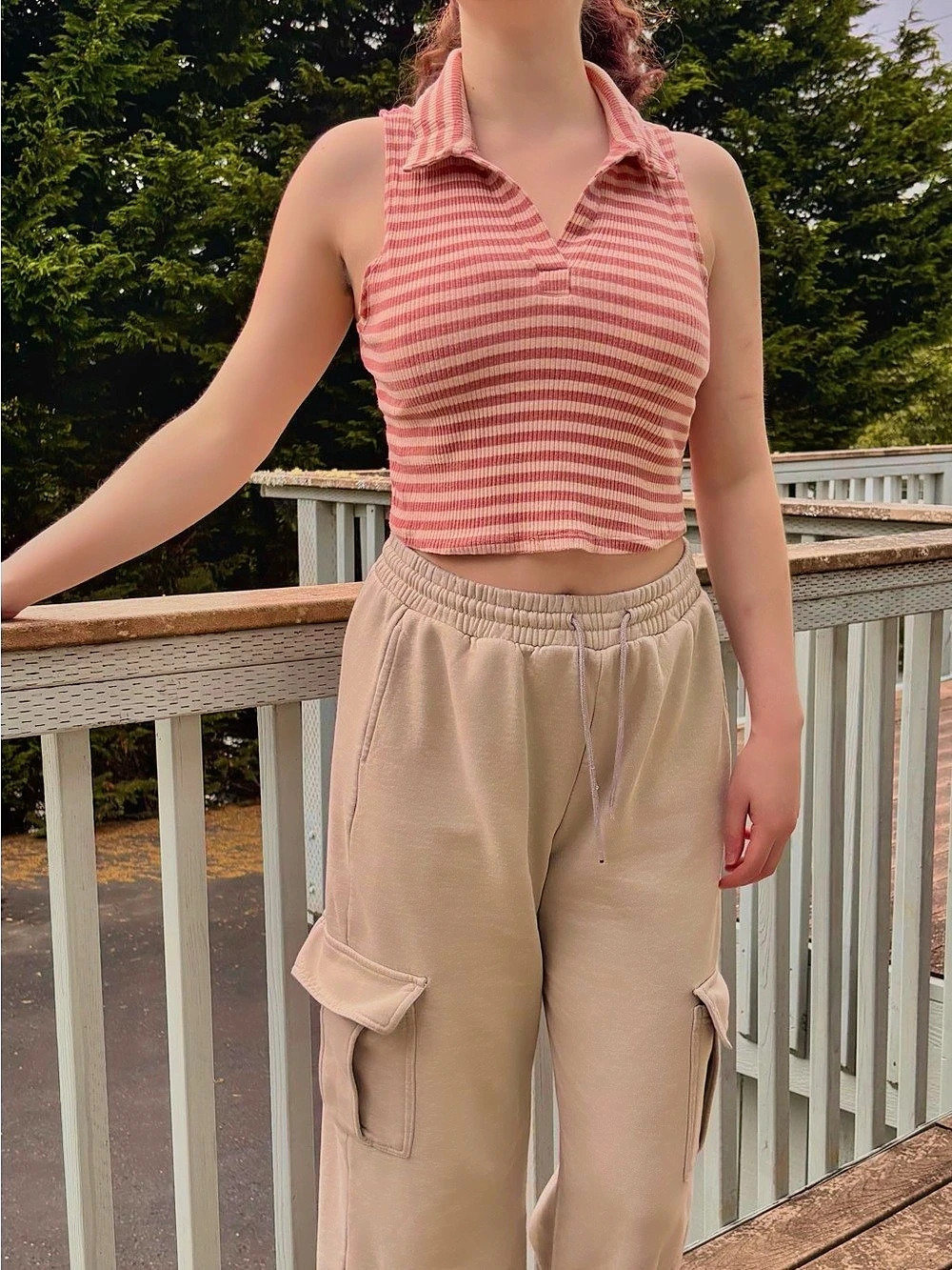 Sleeveless Rib-Knit Striped Cropped Polo Pink